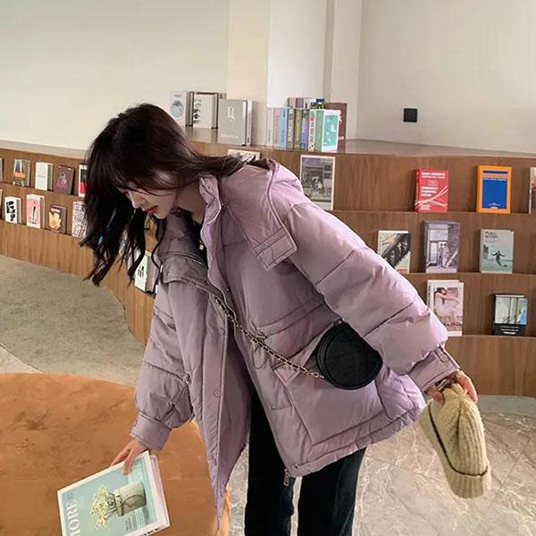 Winter Short Purple Cotton-padded Jacket Women's Loose Down Cotton-padded Jacket Student Bread Jacket
