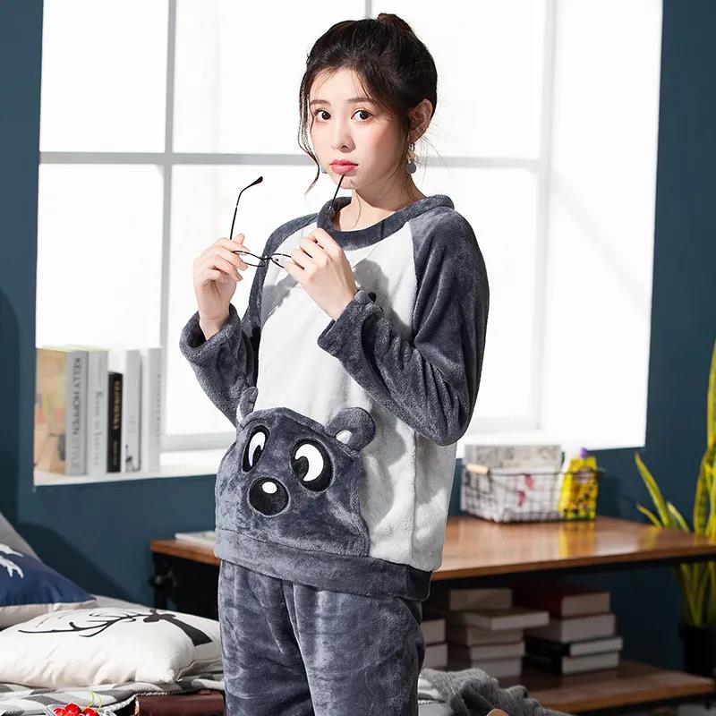 Cartoon Bear Couple Pajamas Suit Men Home Clothes Tops and Pants Ladies Winter Cashmere Warm Homewear