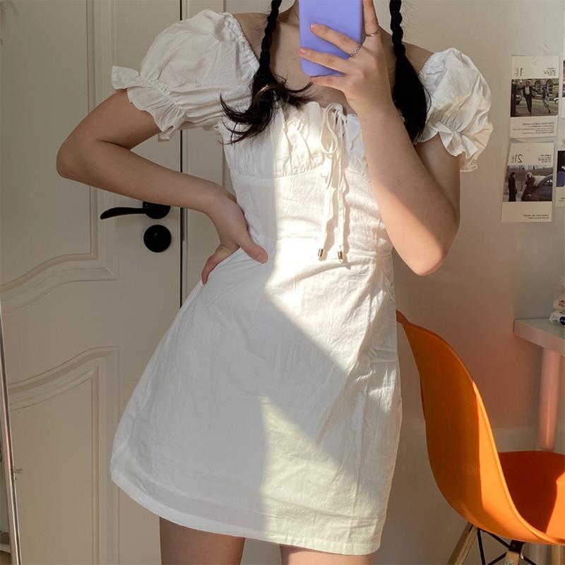 White Dress French Palace Style Retro Square Neck Puff Sleeve Holiday Skirt Women's Slim S-L Size