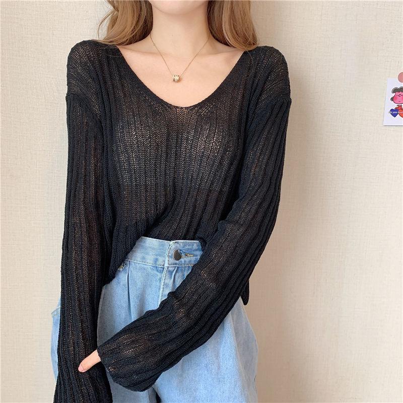 Girly White V-neck Sweater Women Spring and Autumn Korean Loose Thin Long-sleeved Sunscreen Top
