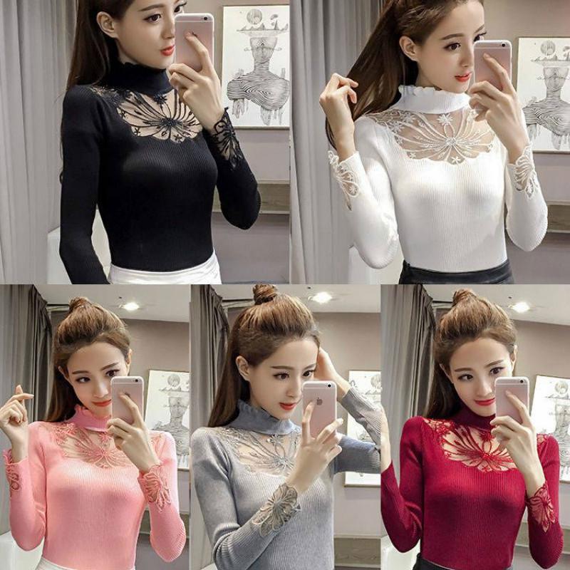 Pofulove Hollow Sweater Women's Pullover Sweater Stretch Net Yarn Embroidered Lace Bottoming Shirt