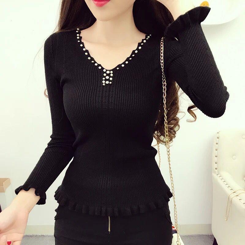 Autumn and Winter V-neck Knitted Bottoming Shirt Sweet Style Wood Ear Tight-fitting Sweater Beaded All-match Female Top