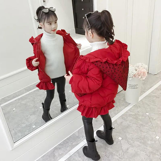 Girls' Cotton-padded Jacket Korean Version of Down Jacket Mid-length Winter Thickening Children's Cotton Jackets with Strawberry Hat
