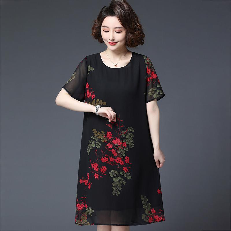 XL-XXXXXL Women's summer dress Chiffon Veil Short sleeve Round neck printing Daily wear