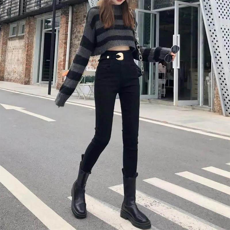 High Waist Tight Jeans Female Thin Wild Tie Stretch Nine Points Small Foot Pants Tide