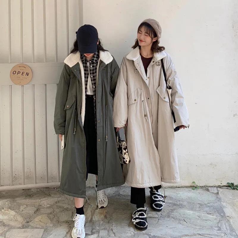 Ladies Lamb Wool Tooling Jacket Hong Kong Style Loose Quilted Jacket Over The Knee Loose Parkas