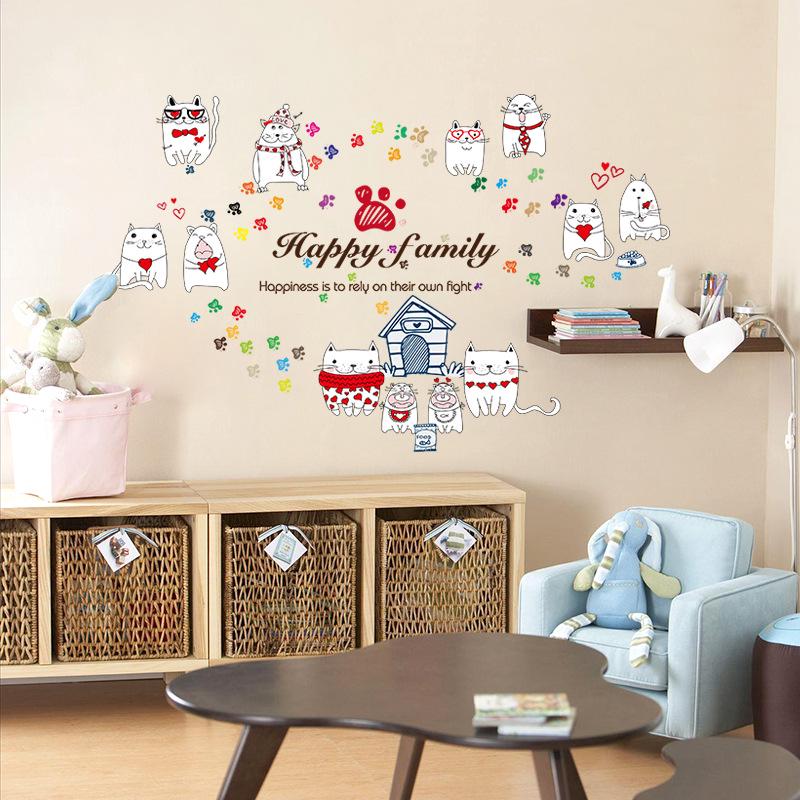 Warm creative cute cat kindergarten background decoration removable wall paper stickers