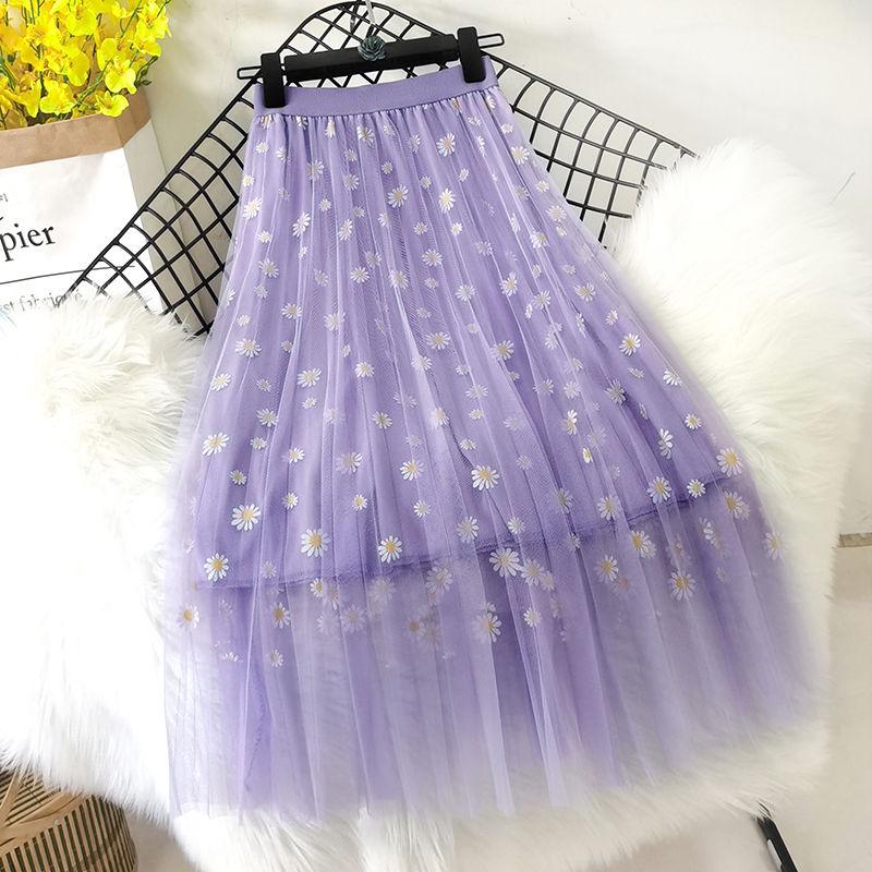 Mesh Skirt, Small Daisy Floral High Waist Thin A-line Skirt 3-layer Mid-length Pleated Skirt Large Skirt Ladies Mesh Skirt Print Decoration