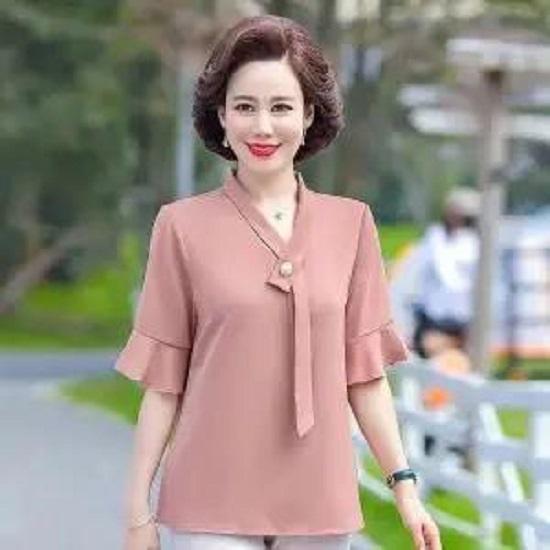 Summer Ladies Top Sleeve Shirt Chiffon Short Sleeve blouse V-neck Solid Color Breathable blouse