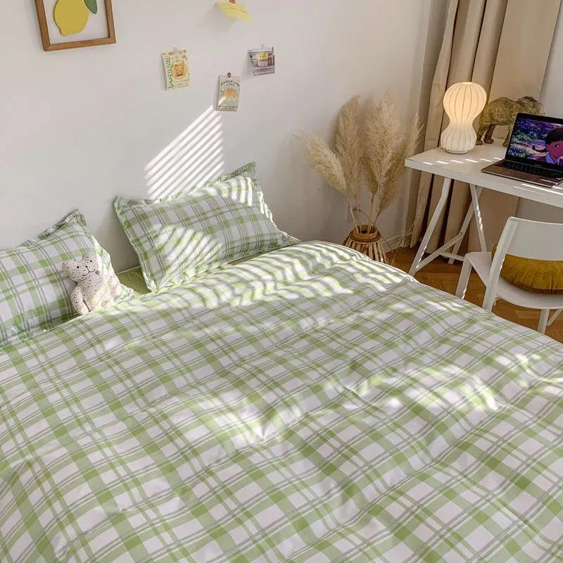 Fashion Simple Cotton Plaid Four-piece Bedding Bedroom Thickening Skin-friendly Quilt Cover Sheet Single Double Dormitory Bedding