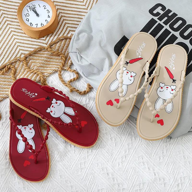 Summer Flip Flops Slippers Women's Thin Strap Non-slip Flat Slippers Beach Shoes Women's Soft Sole Slippers Home and Out Wear