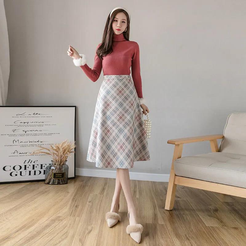 Autumn and Winter New High-waist Woolen Plaid Skirt Women's Mid-length A-line Large Skirt Over-the-knee Umbrella Skirt Autumn