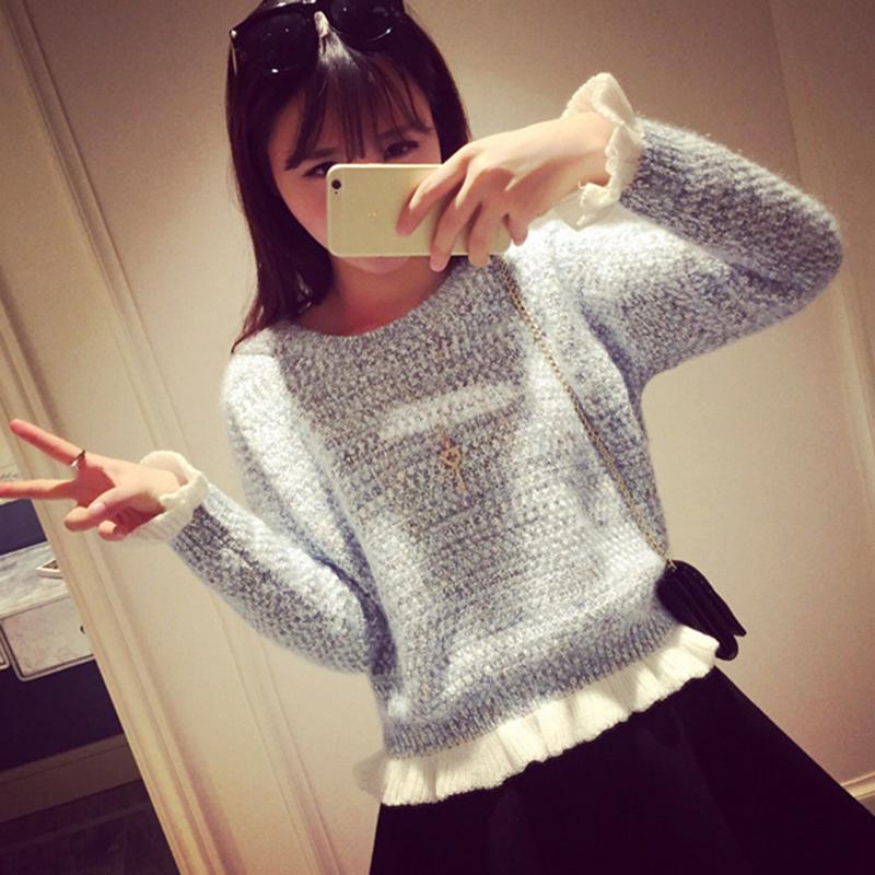 Autumn Winter  Sweater Women's Pullover Sweet Wood Ears Student Short Clothes Fresh Knitted Bottoming Sweater