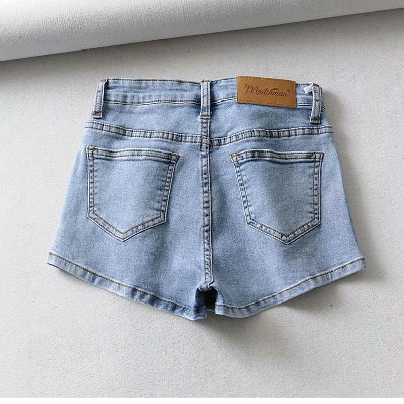 Retro High Waist Slimming Side Slit Denim Shorts Female Summer Stretch All-match Long Hip Pants