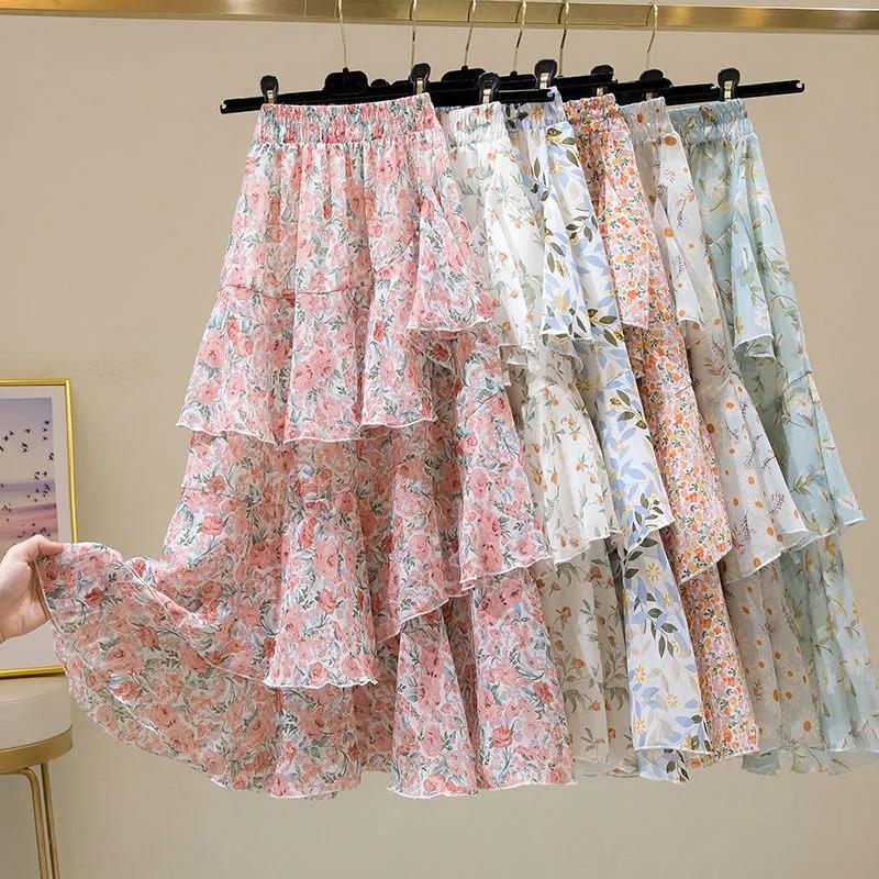 Half-length Skirt Summer Floral Irregular Ruffled Wild A-line Super Fairy Cake Skirt Female Layered Irregular Skirt Fabric Light and Breathable