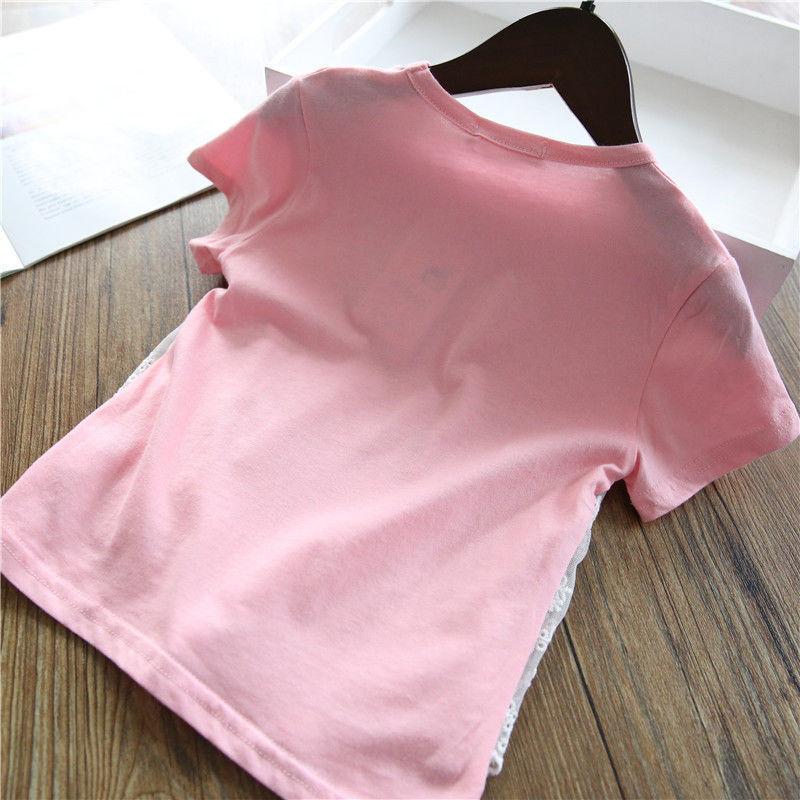 Cotton Girl Fake Two Summer T -shirts Female Baby Children's Children's Clothing Lace Wild Short Sleeve Top