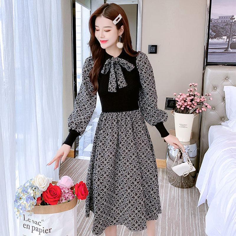 Women's Autumn and Winter Long-sleeved Dress Puff Sleeve Mid-length Floral Dress Knit Bottoming Bow Dress