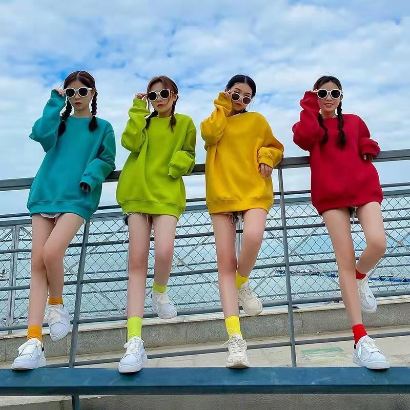 Sisters Outfit Color Plus Size Loose Round Neck Sweater Unisex Class Clothes Couple Candy Color Long Sleeve Pullover Sweatshirt Girlfriends Outfit