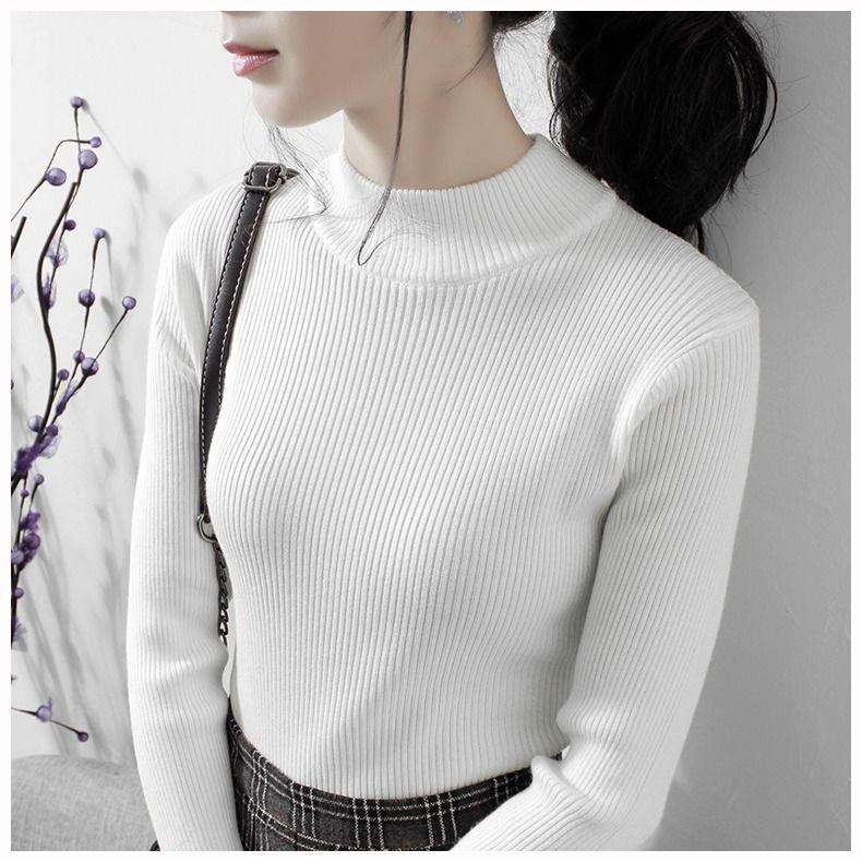Pofulove Half Turtleneck Sweater Bottoming Shirt Female Long Sleeves Autumn Winter Tops Slim Tight