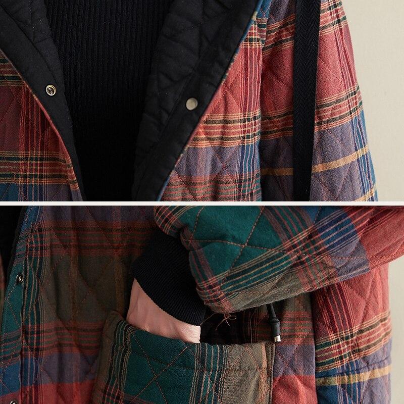 Women Vintage Winter Parkas Plaid Button Coats Pockets Korean Style Parkas