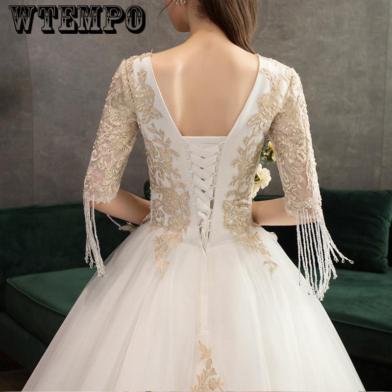 Gorgeous Ball Gown V Neck Lace Champagne embroidery Long Wedding Dresses Bridal Gown