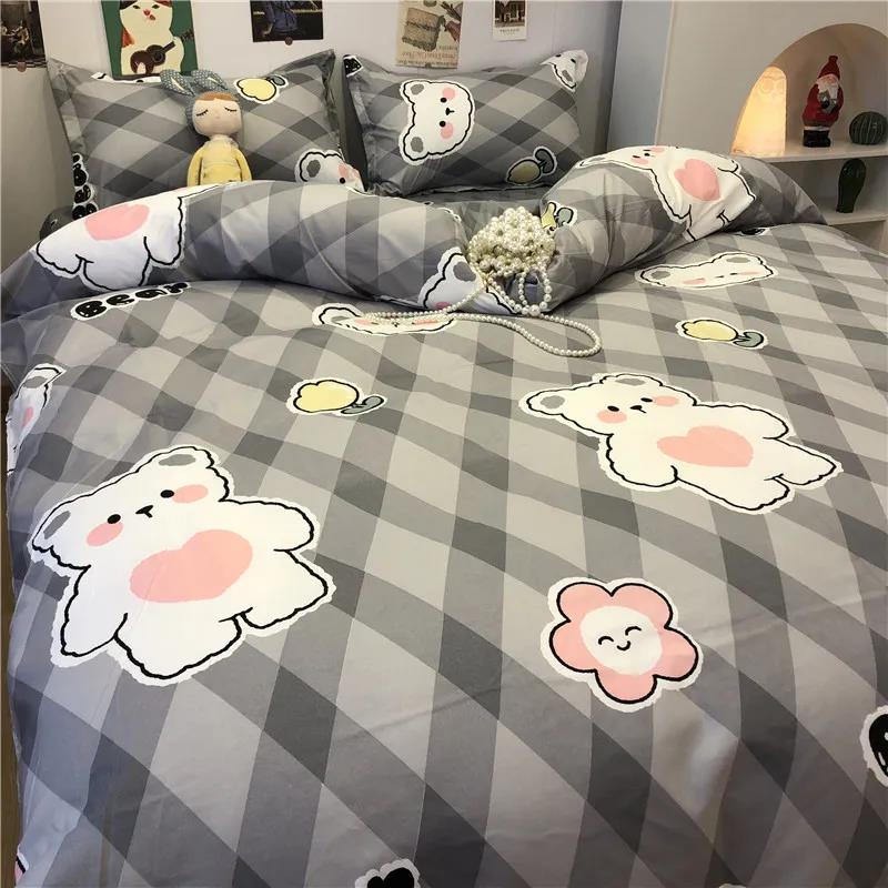 Ins Lattice Cartoon Girl Heart Bedding Four-piece Student Dormitory Three-piece Single Bed