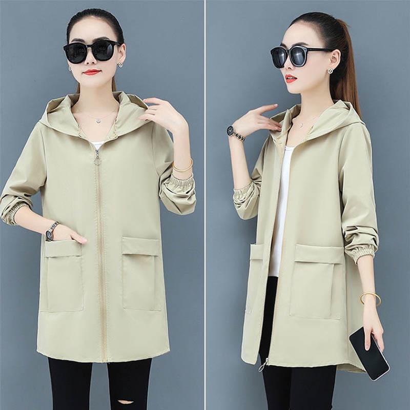 Spring and Autumn Windbreaker Hooded Jacket Loose Casual Mid-length Temperament All-match Jacket Women