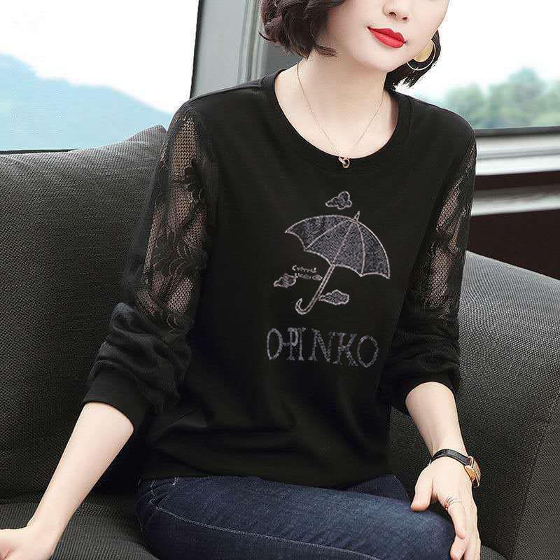 Women Lace Jumper Diamond Print Shirt Casual Loose T-shirt Boutique Bottoming Shirt Long Sleeve Spring