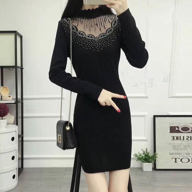 Women Sweater Dress O-neck Full Sleeve Sashes Stretch Vestidos Female Knee-length Knitted Dress