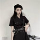Cool Girl Black Belt Dress Women's Summer Dress Short Sleeve Turn-down Collar Knee-length Daily Wear Office Dating Party