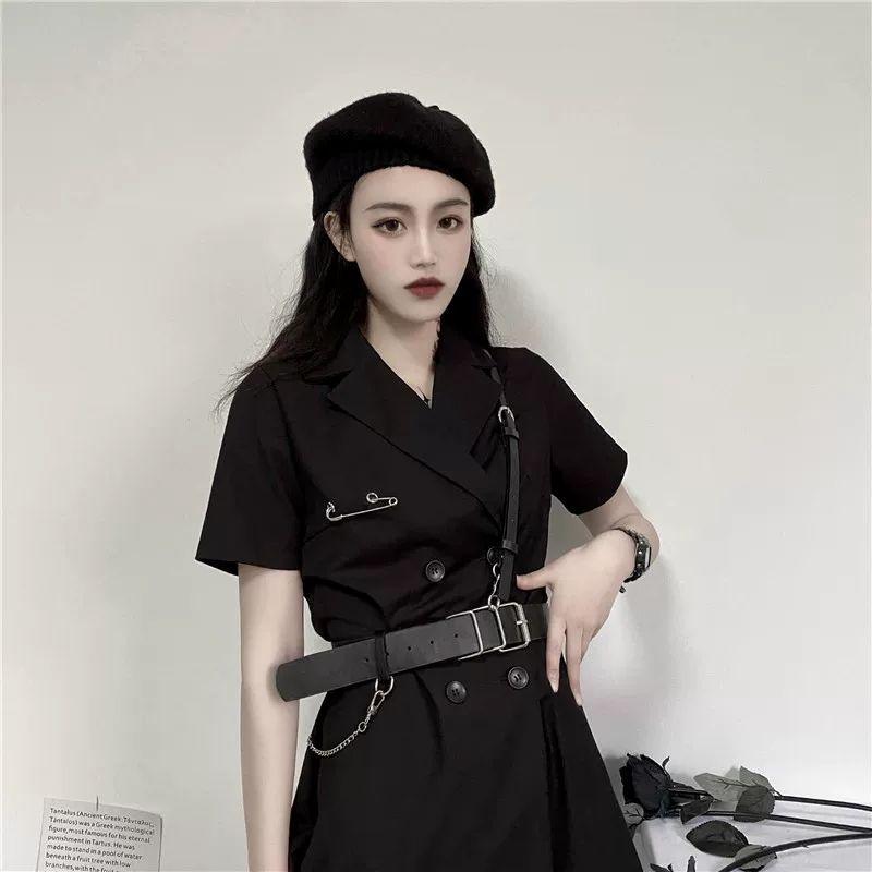 Cool Girl Black Belt Dress Women's Summer Dress Short Sleeve Turn-down Collar Knee-length Daily Wear Office Dating Party