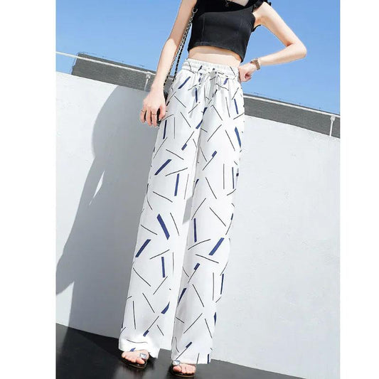 Geometric Print Chiffon Pants Spring and Summer Women's Wide Leg Trousers Vertical High-waisted Pants Women's Loose Mopping Pants