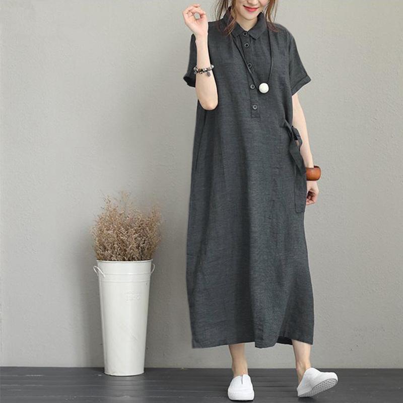 POLO Collar Cotton Linen Lapel Short Sleeve Loose Pocket Temperament Women's Casual Dress