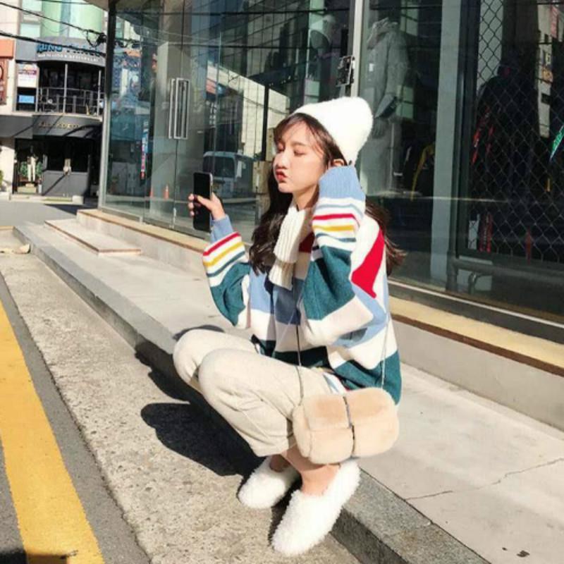 Pofulove Striped Sweater Loose Autumn Winter Korean Lazy Wild Round Neck Pullover Coat Schoolgirl