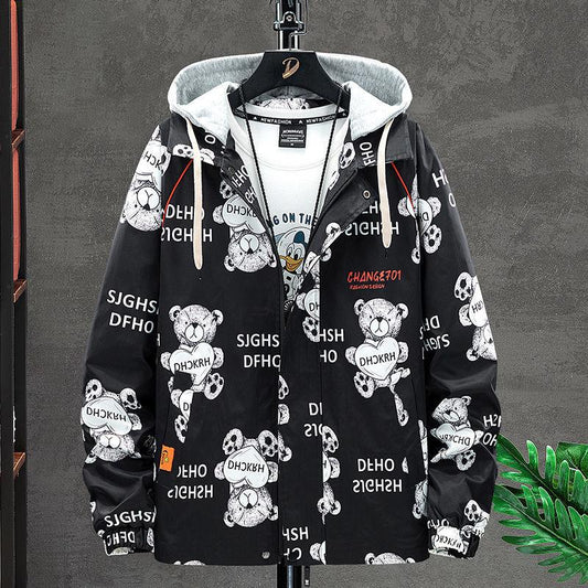 Heart Bear Print Jacket Spring Hooded Windbreaker Men Casual Loose Coat Soft Comfortable Top Regular