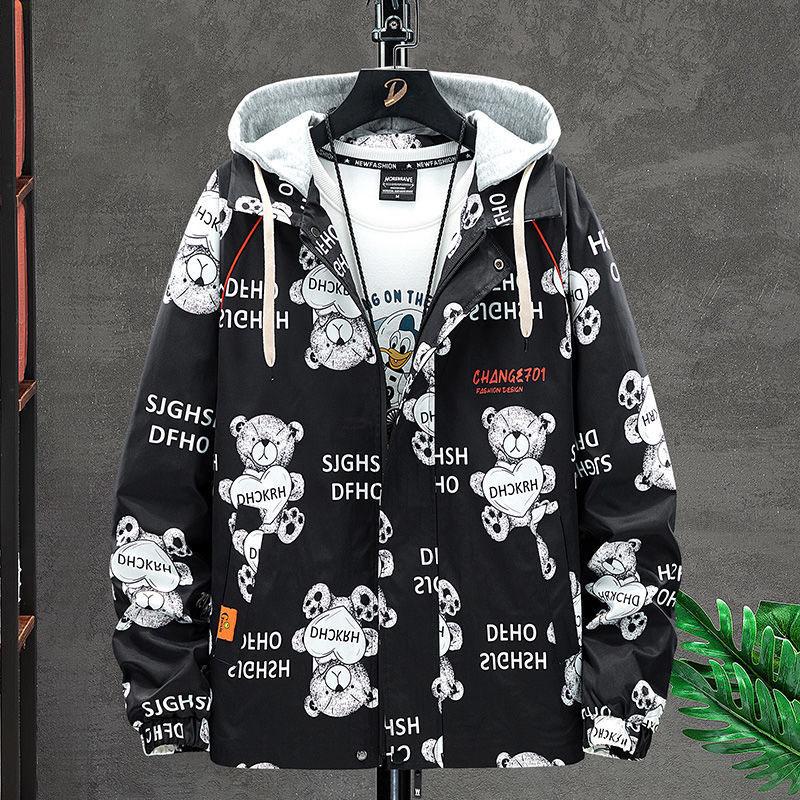 Heart Bear Print Jacket Spring Hooded Windbreaker Men Casual Loose Coat Soft Comfortable Top Regular