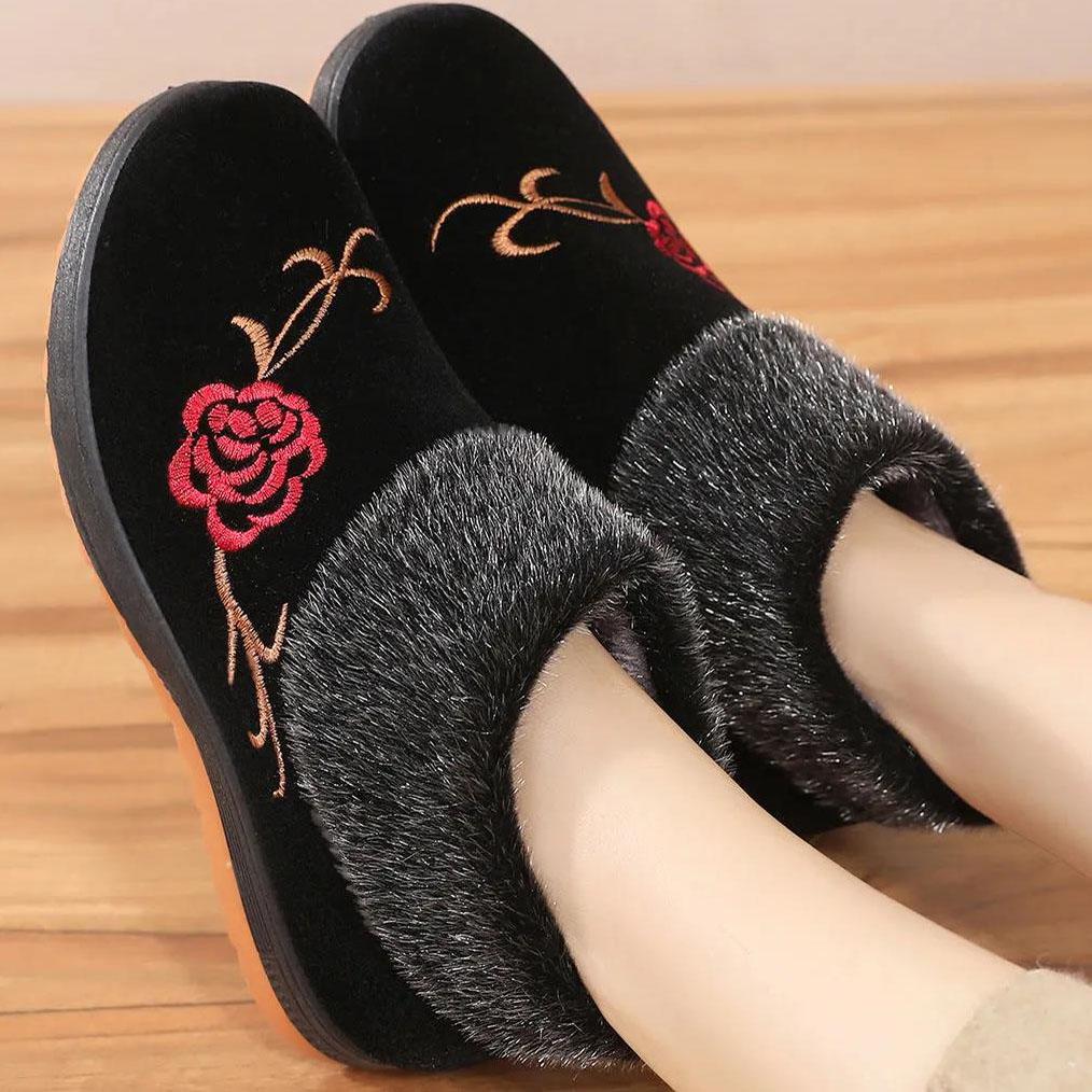 Women's Winter Flat Cotton Shoes Female Large Size Plush Thickened Soft Sole Anti Slip Embroidered Cotton Shoes