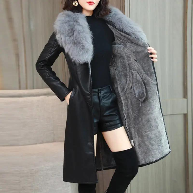 Large Fur Collar Winter Leather Jacket Women Plus Velvet Thick Mid-length Slim and Thin Waist Leather Jacket