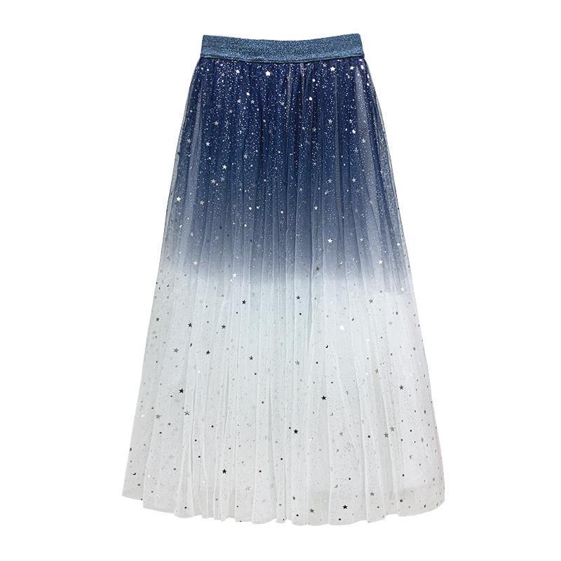 Spring Summer Skirts Women Long Tulle Skirt Sequined Pleated A Line Midi Skirt Chic High Waist Skirt