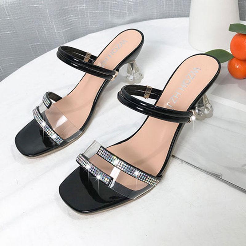 Plus Size 35-40 Women All-match Shiny Slippers Outdoor Diamond High Heels Bohemian Beach Wear-resistant Non-slip Slippers Transparent Sandals