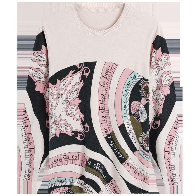 Ethnic Style Plus Size Printed Wool Sweater Ladies Thin Knit Bottoming Sweater O-neck Short Cashmere Sweater Jumper