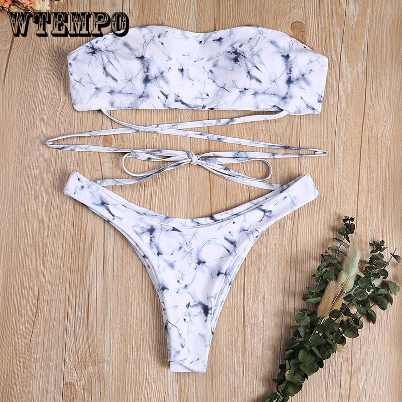 WTEMPO Tube Top Band Marble Print Bikini Explosive Ink Style Split Swimsuit