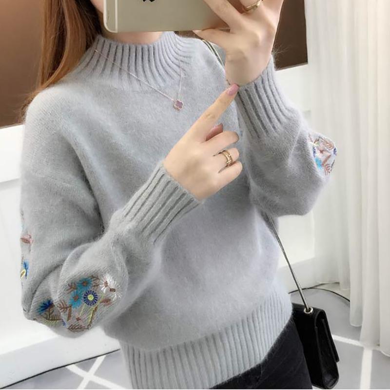 Half High Neck Short Women's Sweater Thick Embroidery Long-sleeved Pullover Sweater