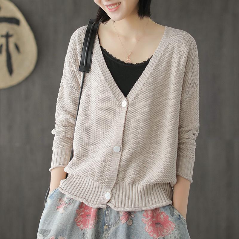 Spring and Autumn Plus Size Women's Lazy Style Knitted Cardigan Jacket Loose Literary Buttons Casual Sweater