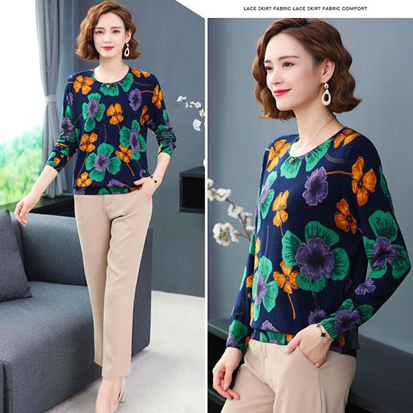 Autumn Winter Women's Knitted Sweater Flower Print Fashion Long-sleeved Sweater Retro Temperament Trend