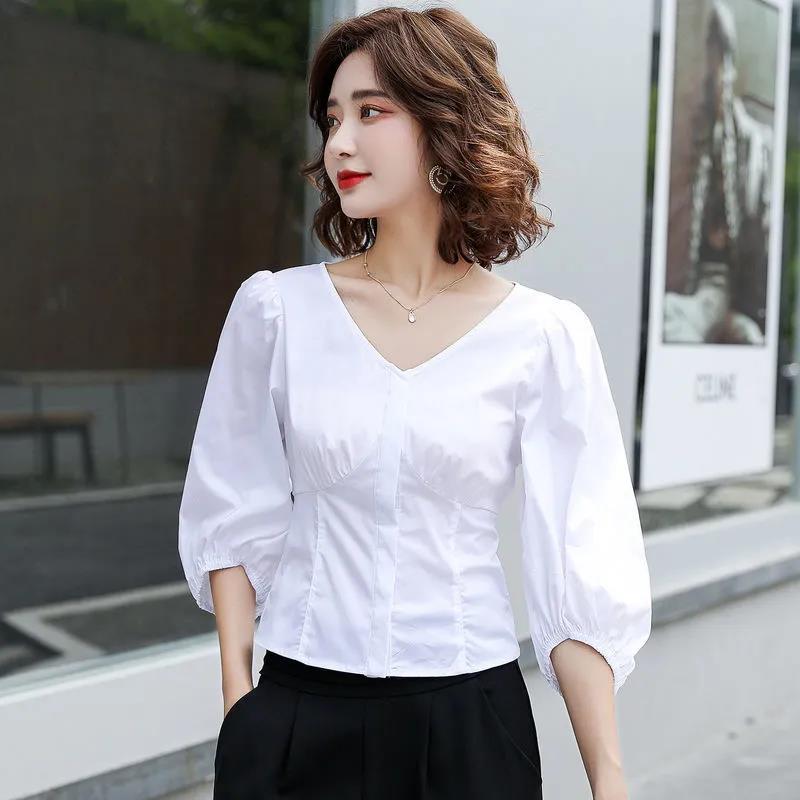 Women's Spring and Autumn Shirt V-neck Loose Solid Color Short Top