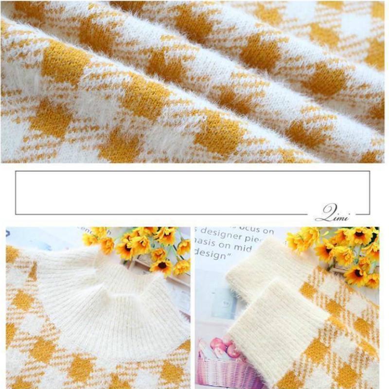 Women's Knitted Plaid Sweater O-neck Long Sleeve Alpaca Wool Blend Knitwear Pull