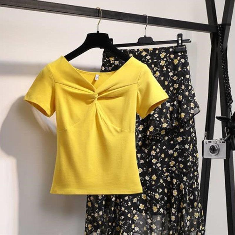 Summer Skirt Two-piece Set Women V-neck Short-sleeve T-shirt Top Korean Irregular Midi Floral Pleated Skirt Two-piece Suit Plus Size