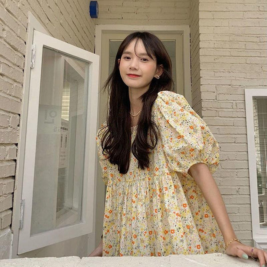 Women's Summer Long Dress Floral  Square Neck Sweet Puff Sleeve Dress