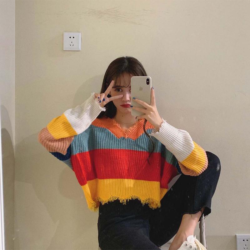 Pofulove loose sweater rainbow striped color matching striped fringe student short sweater women